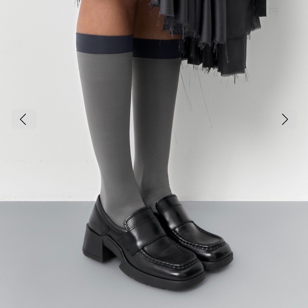 Miista Black Leather Loafers with Gray Knee-High Socks